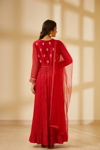 Shyam Narayan Prasad-Coral Red Anarkali Set-INDIASPOPUP.COM