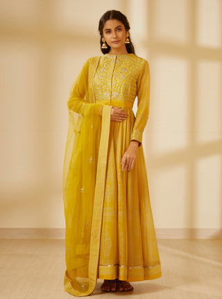 Shyam Narayan Prasad-Mustard Yellow Anarkali Set-INDIASPOPUP.COM