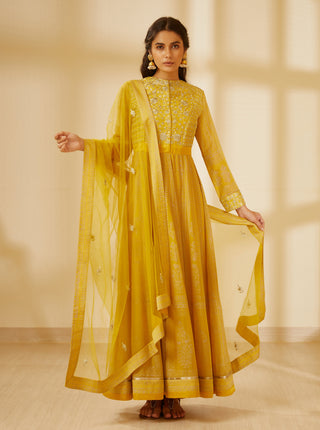 Shyam Narayan Prasad-Mustard Yellow Anarkali Set-INDIASPOPUP.COM