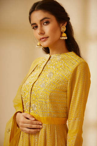 Shyam Narayan Prasad-Mustard Yellow Anarkali Set-INDIASPOPUP.COM