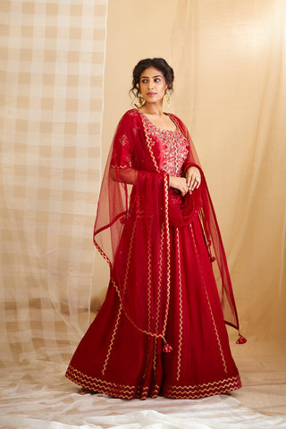 Shyam Narayan Prasad-Maroon Embroidered Lehenga Set-INDIASPOPUP.COM