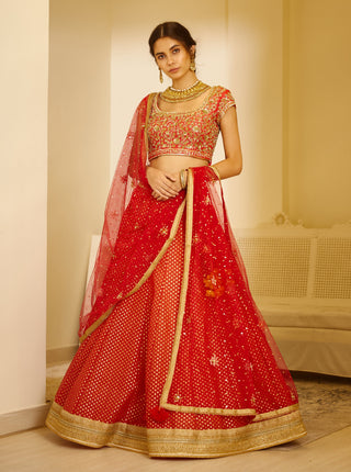 Shyam Narayan Prasad-Orange & Red Embroidered Lehenga Set-INDIASPOPUP.COM