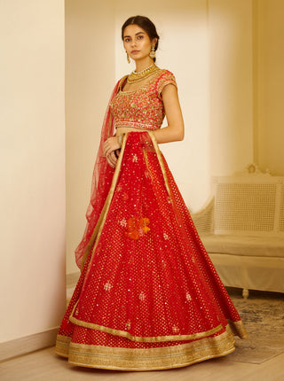 Shyam Narayan Prasad-Orange & Red Embroidered Lehenga Set-INDIASPOPUP.COM