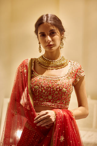 Shyam Narayan Prasad-Orange & Red Embroidered Lehenga Set-INDIASPOPUP.COM