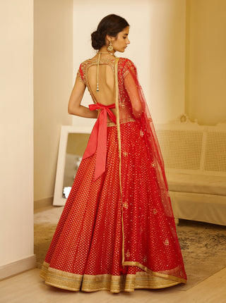 Shyam Narayan Prasad-Orange & Red Embroidered Lehenga Set-INDIASPOPUP.COM