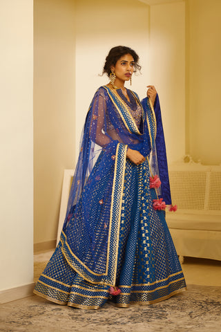 Shyam Narayan Prasad-Royal Blue Embroidered Lehenga Set-INDIASPOPUP.COM