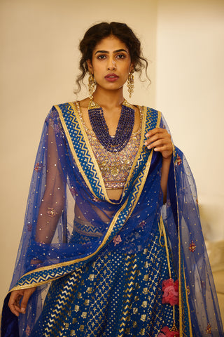 Shyam Narayan Prasad-Royal Blue Embroidered Lehenga Set-INDIASPOPUP.COM