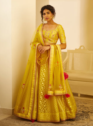 Shyam Narayan Prasad-Mustard Yellow Lehenga Set-INDIASPOPUP.COM