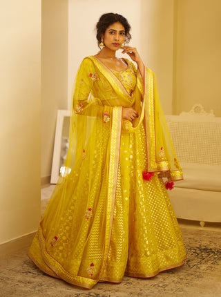 Shyam Narayan Prasad-Mustard Yellow Lehenga Set-INDIASPOPUP.COM
