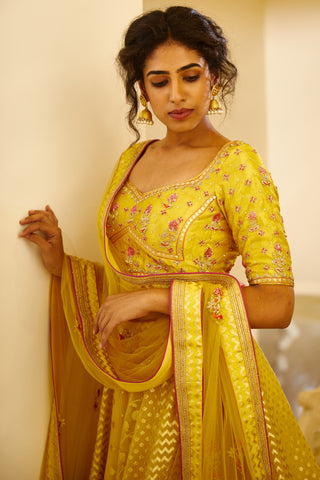 Shyam Narayan Prasad-Mustard Yellow Lehenga Set-INDIASPOPUP.COM