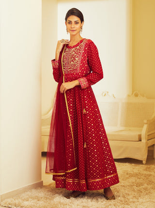 Shyam Narayan Prasad-Maroon Embroidered Anarkali Set-INDIASPOPUP.COM