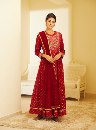 Shyam Narayan Prasad-Maroon Embroidered Anarkali Set-INDIASPOPUP.COM