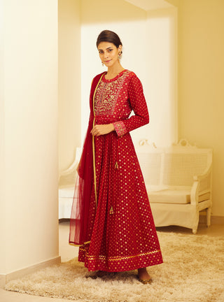 Shyam Narayan Prasad-Maroon Embroidered Anarkali Set-INDIASPOPUP.COM