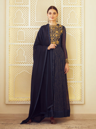 Shyam Narayan Prasad-Navy Blue Anarkali Set-INDIASPOPUP.COM