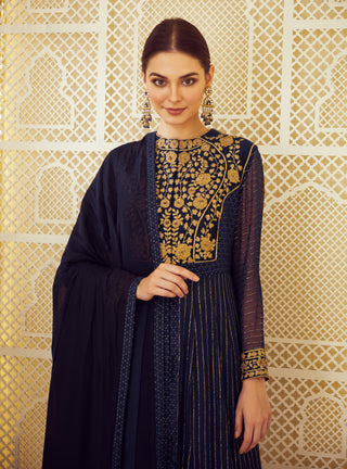 Shyam Narayan Prasad-Navy Blue Anarkali Set-INDIASPOPUP.COM