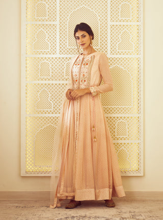 Shyam Narayan Prasad-Beige Printed Anarkali Set-INDIASPOPUP.COM