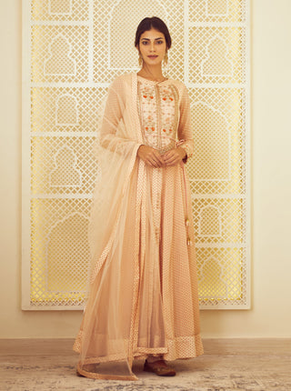 Shyam Narayan Prasad-Beige Printed Anarkali Set-INDIASPOPUP.COM