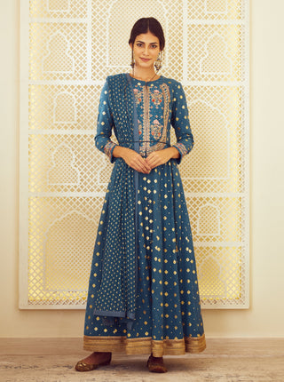 Shyam Narayan Prasad-Teal Blue Anarkali Set-INDIASPOPUP.COM