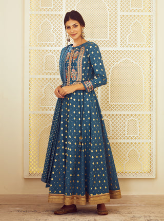 Shyam Narayan Prasad-Teal Blue Anarkali Set-INDIASPOPUP.COM