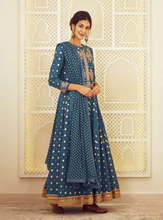 Shyam Narayan Prasad-Teal Blue Anarkali Set-INDIASPOPUP.COM