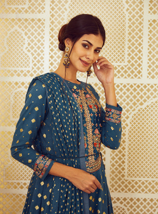 Shyam Narayan Prasad-Teal Blue Anarkali Set-INDIASPOPUP.COM
