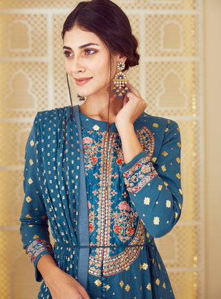 Shyam Narayan Prasad-Teal Blue Anarkali Set-INDIASPOPUP.COM