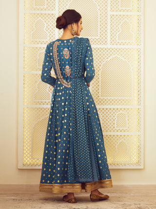 Shyam Narayan Prasad-Teal Blue Anarkali Set-INDIASPOPUP.COM