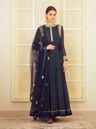 Shyam Narayan Prasad-Navy Blue Block Printed Anarkali Set-INDIASPOPUP.COM