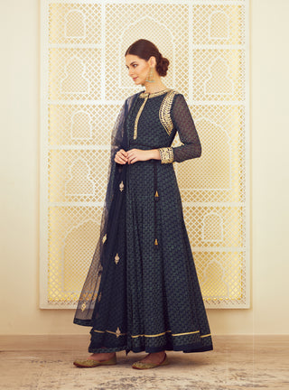 Shyam Narayan Prasad-Navy Blue Block Printed Anarkali Set-INDIASPOPUP.COM