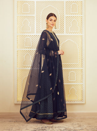 Shyam Narayan Prasad-Navy Blue Block Printed Anarkali Set-INDIASPOPUP.COM