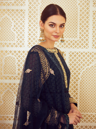 Shyam Narayan Prasad-Navy Blue Block Printed Anarkali Set-INDIASPOPUP.COM