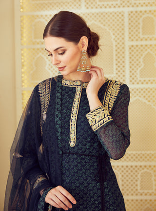Shyam Narayan Prasad-Navy Blue Block Printed Anarkali Set-INDIASPOPUP.COM