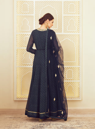 Shyam Narayan Prasad-Navy Blue Block Printed Anarkali Set-INDIASPOPUP.COM