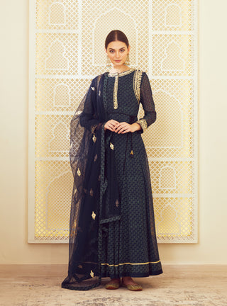 Shyam Narayan Prasad-Navy Blue Block Printed Anarkali Set-INDIASPOPUP.COM