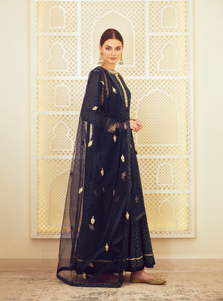 Shyam Narayan Prasad-Navy Blue Block Printed Anarkali Set-INDIASPOPUP.COM