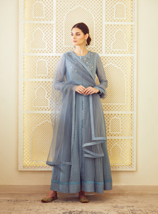 Shyam Narayan Prasad-Blue Grey Anarkali Set-INDIASPOPUP.COM