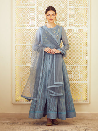 Shyam Narayan Prasad-Blue Grey Anarkali Set-INDIASPOPUP.COM