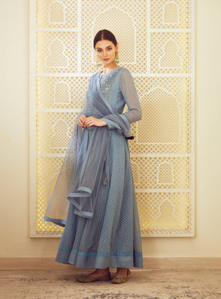 Shyam Narayan Prasad-Blue Grey Anarkali Set-INDIASPOPUP.COM
