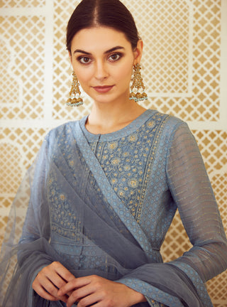 Shyam Narayan Prasad-Blue Grey Anarkali Set-INDIASPOPUP.COM