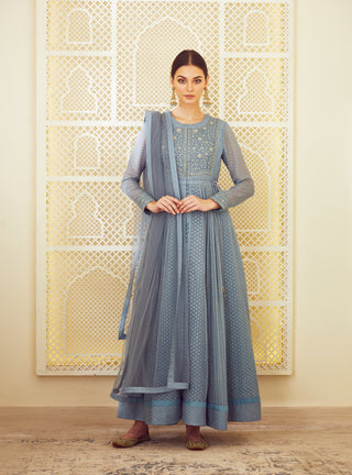 Shyam Narayan Prasad-Blue Grey Anarkali Set-INDIASPOPUP.COM