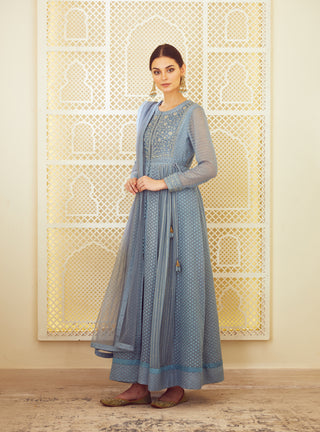 Shyam Narayan Prasad-Blue Grey Anarkali Set-INDIASPOPUP.COM