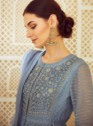 Shyam Narayan Prasad-Blue Grey Anarkali Set-INDIASPOPUP.COM