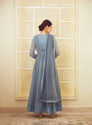 Shyam Narayan Prasad-Blue Grey Anarkali Set-INDIASPOPUP.COM
