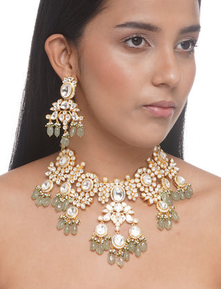 Preeti Mohan-Kundan Green Necklace With Earrings-INDIASPOPUP.COM