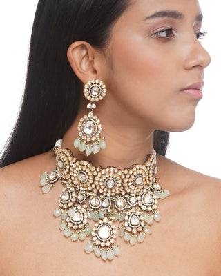 Preeti Mohan-Antique Mint Kundan Necklace With Earring-INDIASPOPUP.COM
