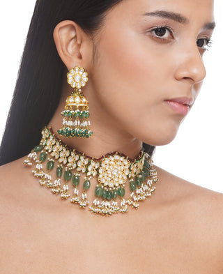 Preeti Mohan-Green Kundan Necklace With Earring-INDIASPOPUP.COM