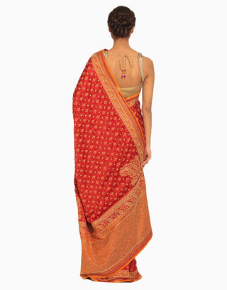 Ri.Ritu Kumar - Red & Saffron Saree With Unstitched Blouse - INDIASPOPUP.COM