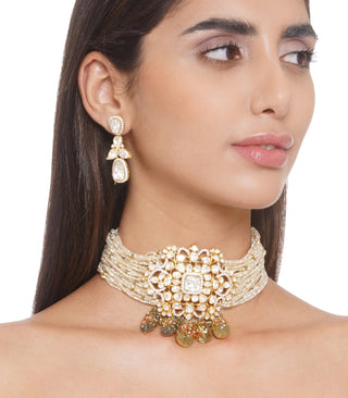 Preeti Mohan-Green Moissanite Choker With Earring-INDIASPOPUP.COM
