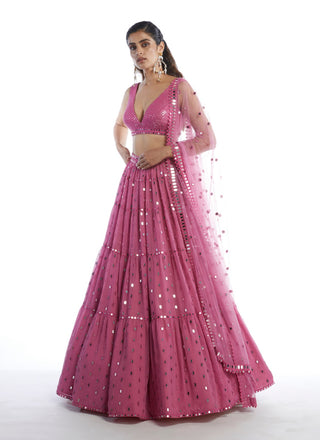 Vvani By Vani Vats-Dark Blush Tier Lehenga-INDIASPOPUP.COM