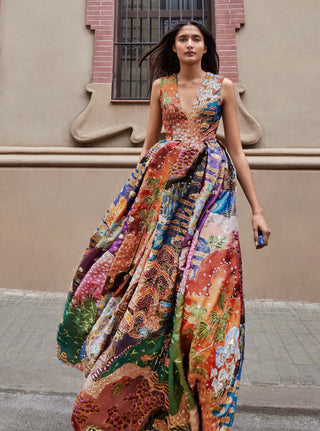 Aisha Rao-Orange Embellished Sleeveless Gown-INDIASPOPUP.COM